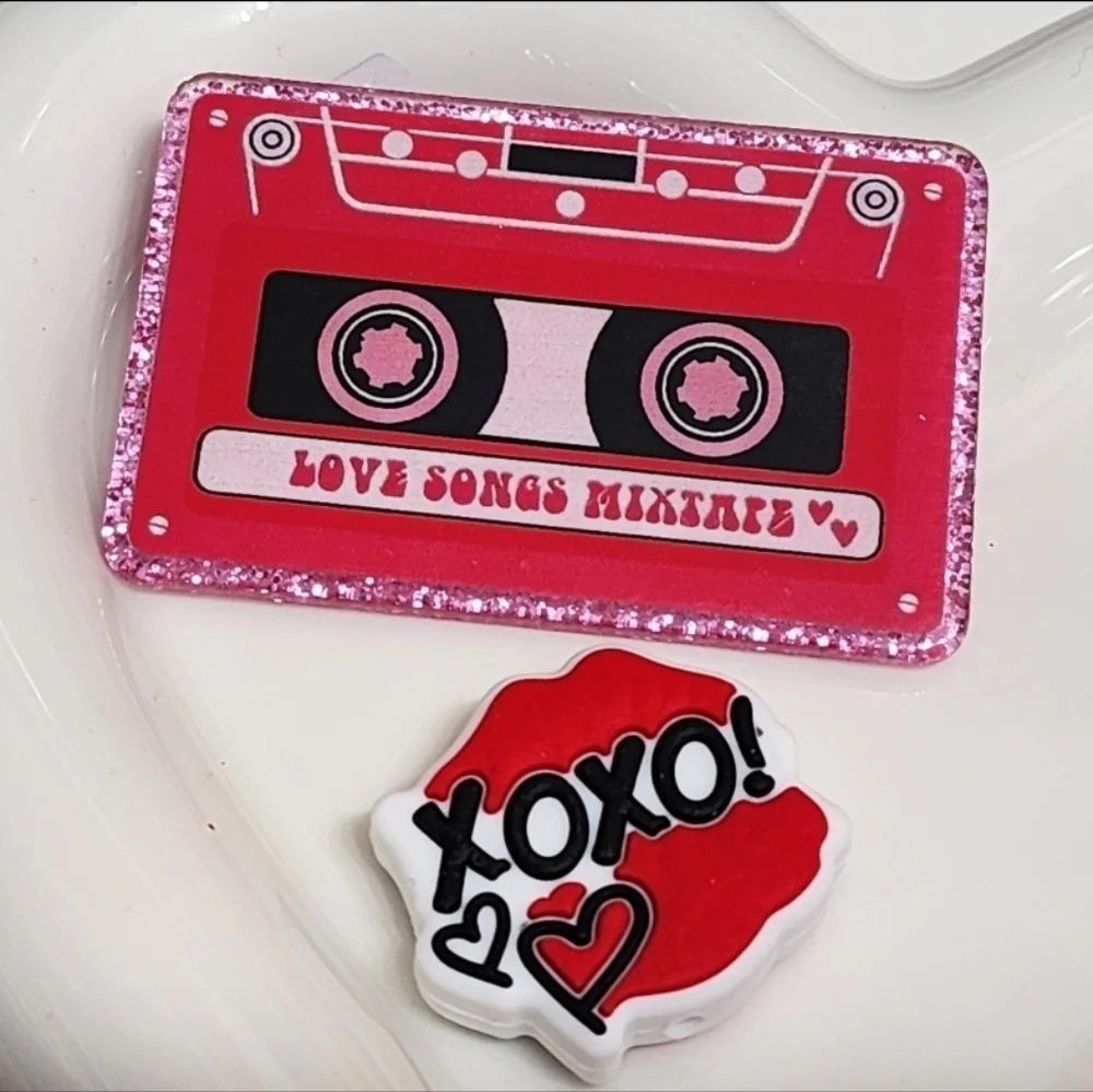 Flatback Acrylic Focal Bead Love Songs Mixed Tape XOXO Lips Valentines Day Craft